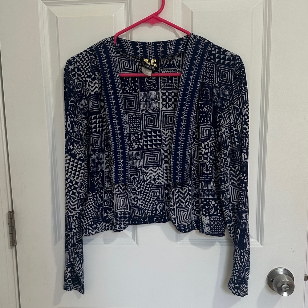 Vintage Navy and White Geometric Print Cropped Bolero - Size Small